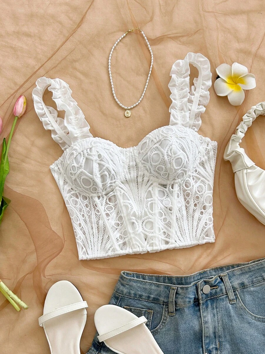 Soleia Áo hai dây lửng nữ kiểu retro họa tiết hoa dệt jacquard nhiều màu sắc, viền bèo nhún, thắt nơ, phong cách nghỉ mát. - trắng - Xem 1