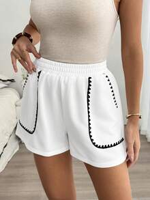 Louniche Women's Casual Elastic Waist Shorts With Contrast Trim, Summer - White - View 6