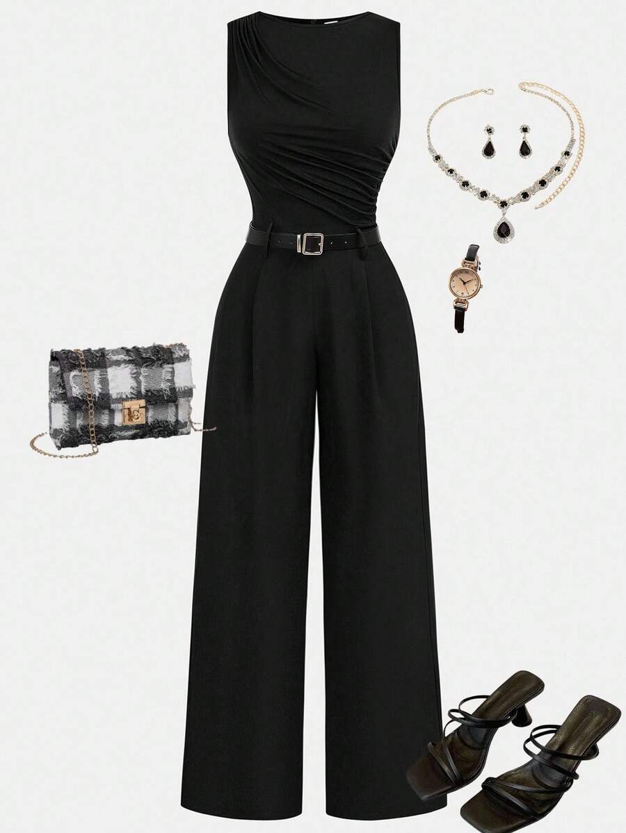 Girlism 少女连体衣和连身裤 海军蓝褶皱阔腿宽松连身裤配腰带，休闲风格 - 黑色 - 查看 1