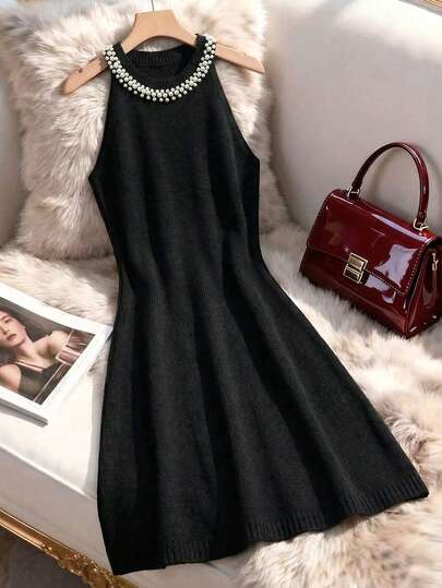 Franclia Summer New Vintage Elegant Pearl Collar Sleeveless Knit Maxi Dress For Women