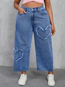Slaydiva Quần jean denim rách họa tiết trái tim, dáng rộng, cỡ lớn, kiểu dáng thường ngày. - Màu xanh lam - Xem 2