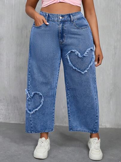 Slaydiva Plus Size Casual Washed Heart Distressed Denim Jeans