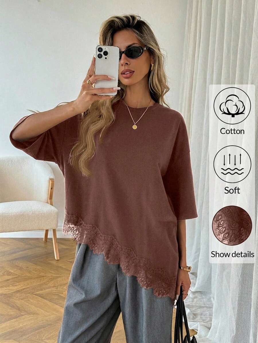SHEIN LUNE 女士休闲纯色不对称下摆蕾丝拼接T恤，春夏日常基本款 - 棕色 - 查看 1