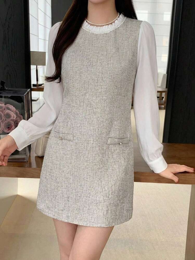Women's Color Block Round Neck Long Sleeve Straight Elegant Commuter Dress Sundress Summer