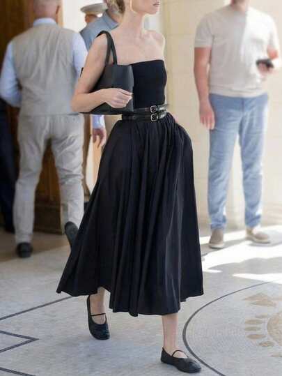 Firerie Women's Casual Versatile Daily Commute Vacation Street Fashion Double Waistband Tube Top A-Line Midi Dress, Black