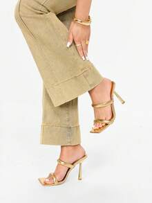 Glitzique Giày Sandal Nữ Cao Gót Thời Trang Mũi Vuông Màu Trơn - Vàng - Xem 3