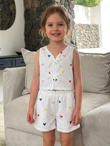 Emery Rose Kids 两件套女童编织爱心图案V领休闲衬衫和短裤套装 - 白色 - 查看 4