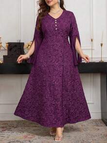 Reflora Đầm dài tay xẻ tà cổ chữ V họa tiết hoa jacquard dành cho nữ cỡ lớn, thanh lịch. - Màu tím - Xem 9