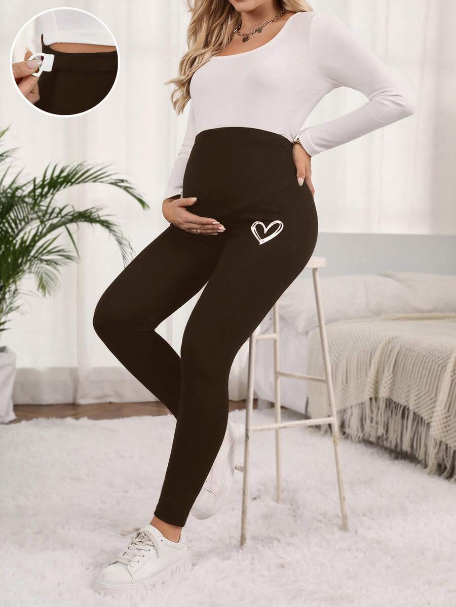 SHEIN Adjustable Waist Casual Leggings With Heart Print For Pregnant Women - Coffee Brown - View 1