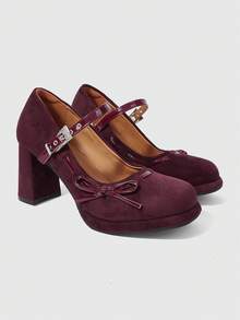 ROMWE Kawaii Women's High-Heeled Shoes Dark Rock Punk Goth Shoes Closed Toe Buckle Dress Shoes Waterproof Table Bow Sweet Lolita Shoes Y2K Party Shoes Thick Heel Commuter Work Shoes - Burgundy suede - View 1