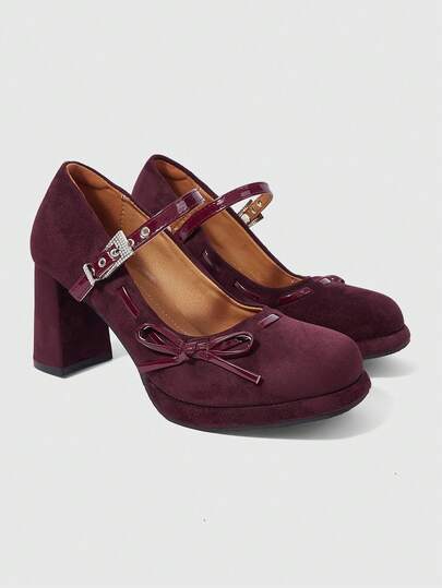 ROMWE Kawaii 女士高跟鞋 暗黑摇滚朋克哥特风鞋 闭趾搭扣礼服鞋 防水桌布蝴蝶结甜美洛丽塔鞋 Y2K派对鞋 粗跟通勤工作鞋