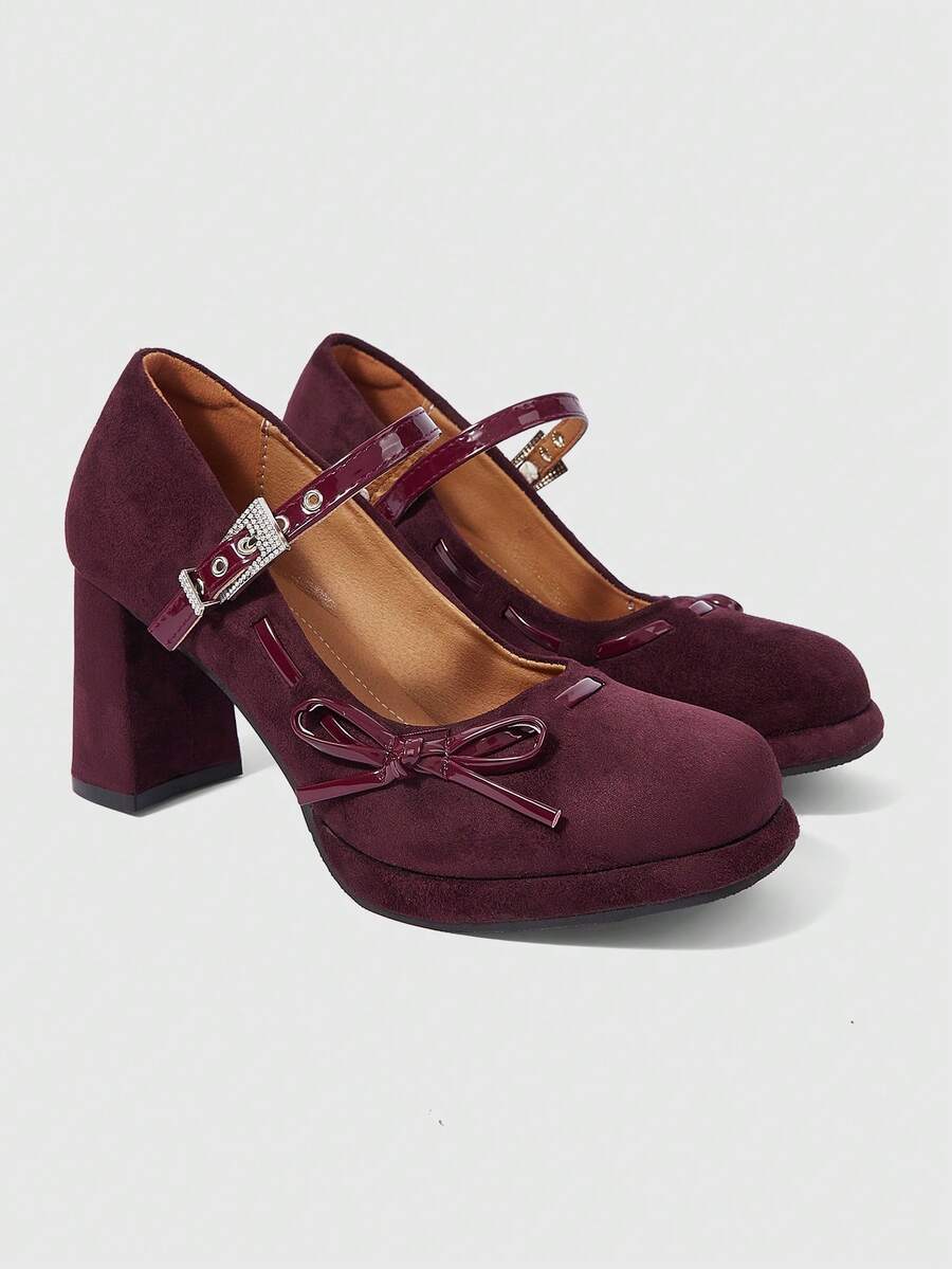 ROMWE Kawaii Women's High-Heeled Shoes Dark Rock Punk Goth Shoes Closed Toe Buckle Dress Shoes Waterproof Table Bow Sweet Lolita Shoes Y2K Party Shoes Thick Heel Commuter Work Shoes - Burgundy suede - View 1