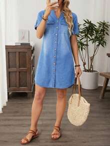 EMERY ROSE Vestido vaquero casual de mujer con cuello en V, manga corta, abotonado y bolsillo - Azul - Ver 8