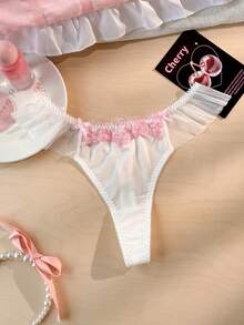女士性感内裤，甜美可爱刺绣拼接网纱荷叶边丁字裤 - 白色 - 查看 6