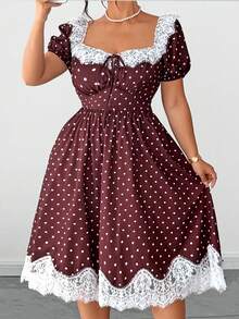 Elenzga Vestido de encaje con lunares de talla grande, cuello cuadrado, parche de encaje, manga abullonada, cintura alta, dobladillo con volantes, empalme de encaje, estilo vintage francés romántico, elegante y casual - Café integral - Ver 7
