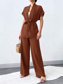 SHEIN Tall 2件組純色綁帶極簡上衣與長褲休閒日常穿著，適合高個女性 - 棕色 - 查看 6