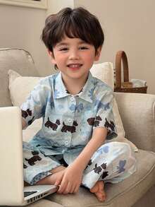 DAZY Tween Boy Dog Print Single-Breasted Short Sleeve Top And Pants Casual Loungewear Pajama Set - Blue - View 5