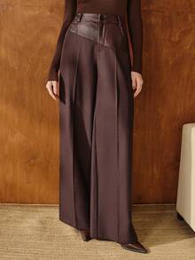 Anewsta Petite 现代时尚皮革拼接阔腿裤，高腰显瘦设计，适合春秋季穿着。 - 咖啡棕 - 查看 5