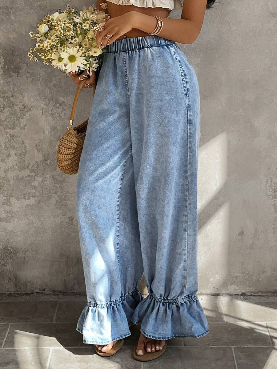 Sunnyshic Quần jeans nữ cạp chun xếp ly, kiểu dáng thường ngày, đa năng. - Màu xanh lam - Xem 1