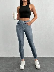 97% Cotton Women Fashion Simple Design Summer Solid Skinny Jeans - Light Grey - View 5