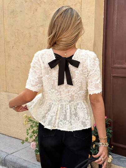 SHEIN Frenchy Women's Elegant Solid Color Textured Eyelash Fringe Contrast Bow Tie Open Back Peplum Blouse,Jacquard Textured Babydoll Romantic Jacquard Flower Summer Tops, For Everyday Wear,French Holiday Casual,Vacation