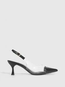 CUCCOO SZL Tacones de aguja con puntera transparente de TPU, tacón de stiletto elegante para ir al trabajo/fiesta/paseo, color albaricoque. Zapatos de tacón alto tipo slingback para damas para Navidad - Negro - Ver 7