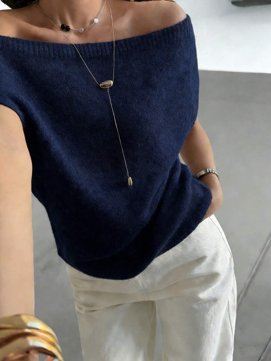 DAZY 女士优雅不对称露肩短袖毛衣 - 藍色 - 查看 1