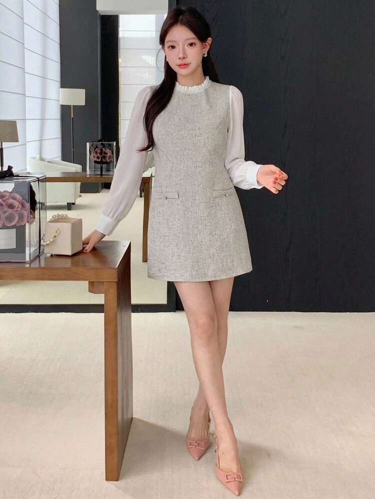 Women's Color Block Round Neck Long Sleeve Straight Elegant Commuter Dress Sundress Summer