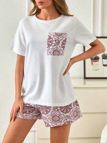 SHEIN %100 Cotton Cute Paisley Pattern Pocket Detailed 2 Pieces Casual Lounge Set - Burgundy - View 3
