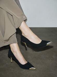 New Stylish Women Mid Heel Pointed Toe High Heels, Fashion Versatile Pumps Spring Shoes - Black - View 2