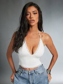 Denimoi Lace Trim Backless Halter Top Sexy Tops GNO Date Night Brunch Outfits - White - View 3