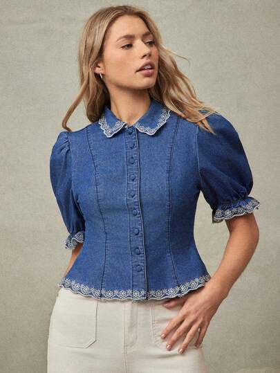 WESTFADE Collared Short Ruffle Puff Sleeve Floral Embroidered Cotton Blend Denim Chambray Top Spring, Resort Wear, Summer, Vacation, Beach, Festival, Stagecoach, Coachella, Casual, Cute, Romantic, Boho, Nashville, Cowgirl, Rodeo, Country Concert Outfit, Western Wear For Women