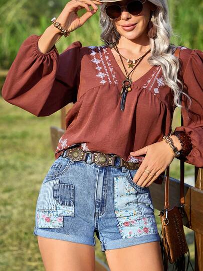 EMERY ROSE Women's Casual Non-Stretch Printed Fabric Patchwork Denim Shorts