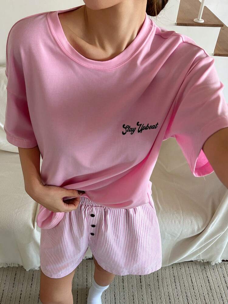 Women's Casual Loose Letter Print Back Tee And Shorts Pajama Set, Suitable For Summer Vacation