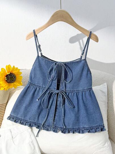 Comfortcana 女士系带荷叶边下摆时尚吊带牛仔上衣