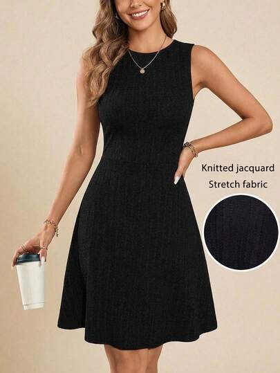 Amorya Women's New Elegant Knitted Elastic Textured Print Classic Black Slim Fit Waist Flattering Everyday Versatile Dress Spring Break Outfits Summer Vacation Outfits Summer Dresses For Women Sleeveless, Black, Cable-Knit Mini Dress Features A Round Neck And A Fitted Waist. Made Of A Textured, A-Line Fabric, Versatile, Comfortable, Breathable, Spring And Summer. Office Wear, Professional Attire, Business Attire, Black Dress, A Formal Gown, Church Dress. Slimming And Versatile, Suitable For Valentine's Day, Vacations,Casual Everyday Wear