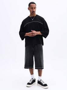 SUMWON 男士圆领短袖宽松T恤，饰有白色曲线细节设计，休闲舒适街头风上衣 - 黑色 - 查看 3