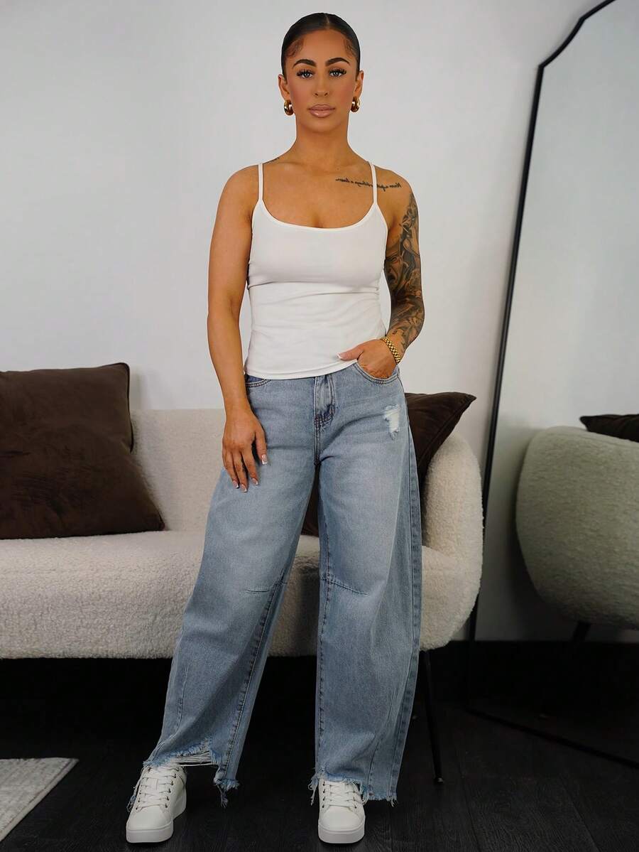 SAYEHFBABY 女式口袋做旧磨边锥形休闲牛仔裤 - 淺色水洗藍 - 查看 1