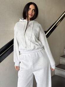 Marta Soriano 2pcs Setelan Kasual Wanita Warna Polos Sederhana Atasan Lengan Panjang Berkerudung dan Celana Panjang untuk Musim Gugur - Light Grey - View 6
