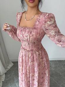 DAZY Women's Elegant Floral Print Square Collar Frill Petal Sleeve Mid-Length Dress, Spring/Summer - Pink - View 1