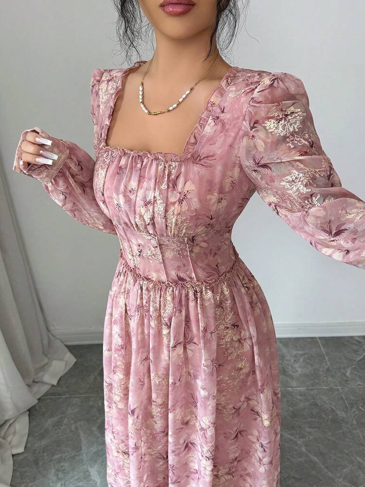 Women's Elegant Floral Print Square Collar Frill Petal Sleeve Mid-Length Dress, Spring/Summer