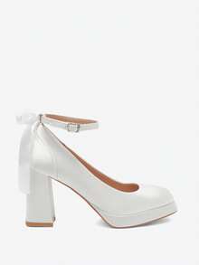 时尚派对风秋季PU皮蝴蝶结粗跟防水厚底女鞋，高跟鞋，优雅玛丽珍鞋 - 白色 - 查看 6