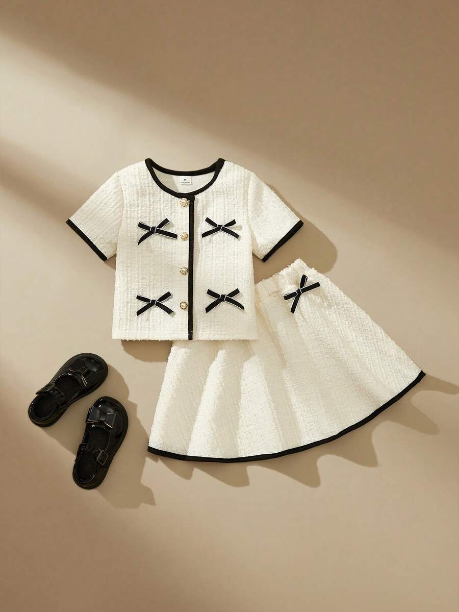 SHEIN 少女优雅春夏提花面料蝴蝶结仿珍珠纽扣短外套搭配伞裙套装 - 黑與白 - 查看 1