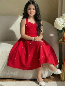 SHEIN Vestido elegante con cuello de halter con cuentas para niñas preadolescentes - Rojo - Ver 8