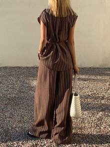 DAZY 女士圆领无袖条纹衬衫配腰带和宽松阔腿裤两件套休闲套装 - 棕色 - 查看 6