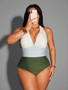 Shapewave 大码纯色拼接交叉露背收腹连体泳衣 - 彩色 - 查看 3