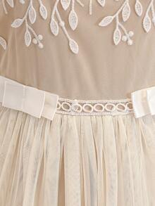 Teen Girl Elegant Party Embroidered Mesh Patchwork Ruffle Hem Dress - Apricot - View 5