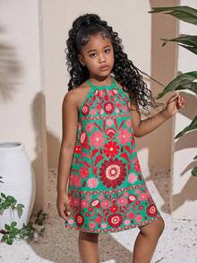 SHEIN 少女无袖碎花雪纺连衣裙 - 綠色 - 查看 5