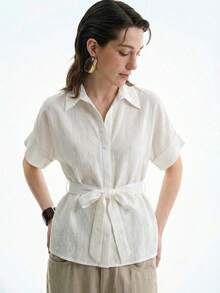 Aalyst Women's White Summer Elegant Office Striped Linen-Like Shirt Collar Button Waist Drawstring Tie Short Sleeve Side Slit Blouse,French Retro Commute - Apricot - View 1