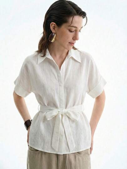 Aalyst 女士条纹亚麻质感衬衫领开襟纽扣腰抽绳肩袖翻边短袖侧开衩上衣，优雅法式复古正式办公通勤休闲度假下午茶街头简约百搭澳洲休闲聚会春夏新款